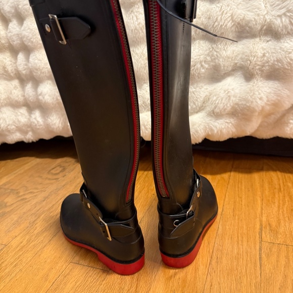 preowned, DAV knee high zipper back , silver accent and red bottom rain boots - Picture 2 of 3